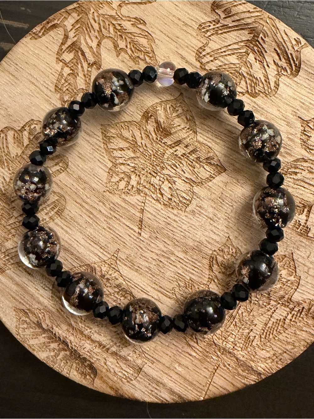 Handcrafted Black and Gold Glass Bead Stretch Bracelet
